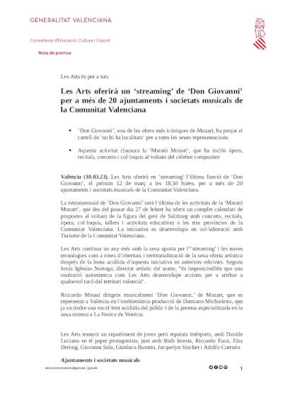 Les Arts ofrecerá el «streaming» de «Don Giovanni» para más de 20 ayuntamientos y sociedades musicales