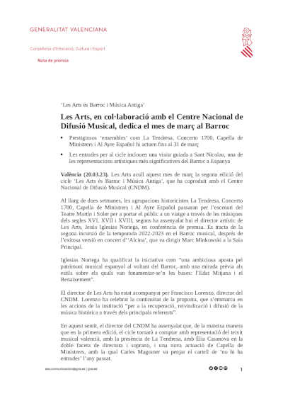 Les Arts, en colaboración con el Centro Nacional de Difusión Musical, dedica el mes de marzo al Barroco