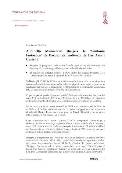 Antonello Manacorda dirige la «Sinfonía fantástica» de Berlioz en los auditorios de Les Arts y Castelló