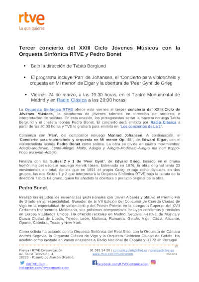 Tercer concierto del XXIII Ciclo Jóvenes Músicos con la Orquesta Sinfónica RTVE y Pedro Bonet