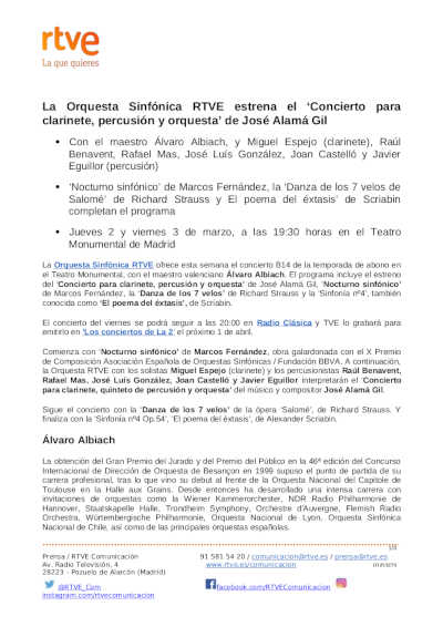 La Orquesta Sinfónica RTVE estrena el «Concierto para clarinete, percusión y orquesta» de José Alamá Gil