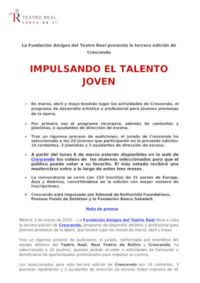 La Fundación Amigos del Teatro Real presenta la tercera edición de Crescendo
