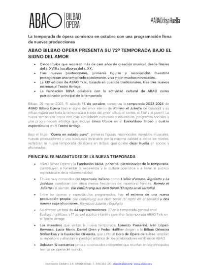ABAO Bilbao Opera presenta su 72º Temporada 2023-2024 bajo el signo del amor