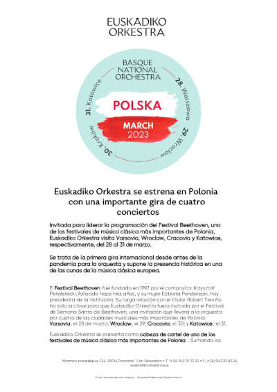Euskadiko Orkestra se estrena en Polonia con una importante gira de cuatro conciertos