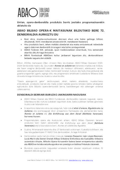 ABAO Bilbao Opera presenta su 72º Temporada 2023-2024 bajo el signo del amor