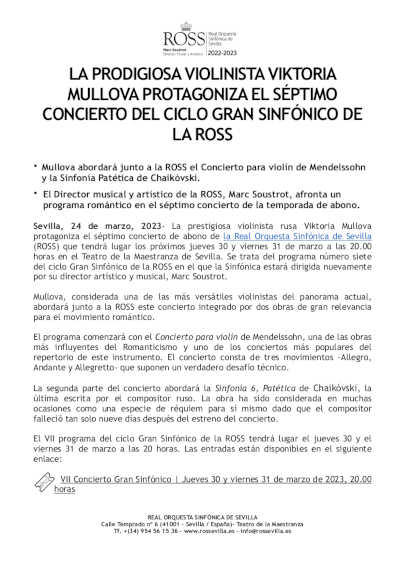 La violinista Viktoria Mullova protagoniza el séptimo concierto del ciclo Gran Sinfónico de la ROSS
