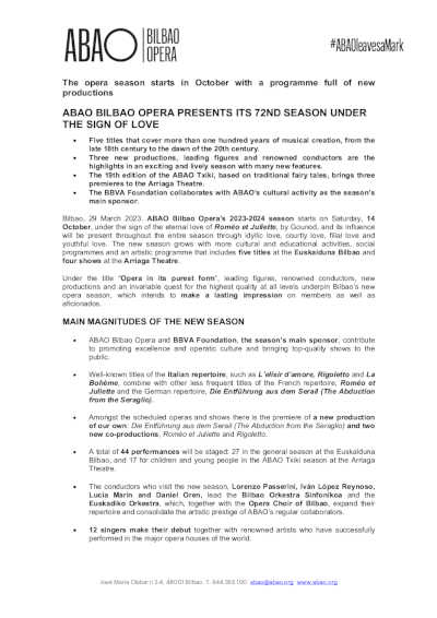 ABAO Bilbao Opera presenta su 72º Temporada 2023-2024 bajo el signo del amor