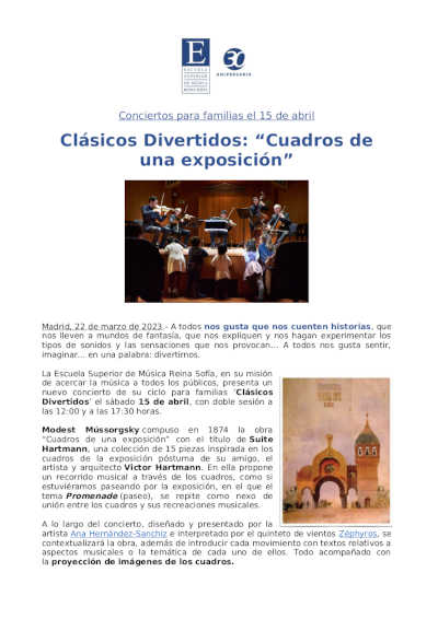 Clásicos Divertidos: “Cuadros de una exposición” en la Escuela Superior de Música Reina Sofía