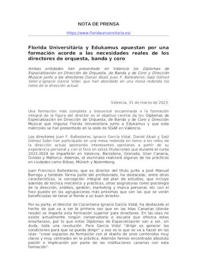 Florida Universitaria presenta sus Títulos Superiores de Dirección de Orquesta, Banda y Coro
