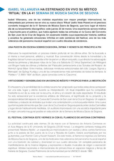 Isabel Villanueva ha estrenado en vivo su místico «Ritual» en la 41º Semana de la Música Sacra de Segovia
