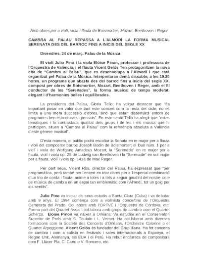 Cambra al Palau repasa en el Almudín la forma musical serenata desde el barroco hasta inicios del XX