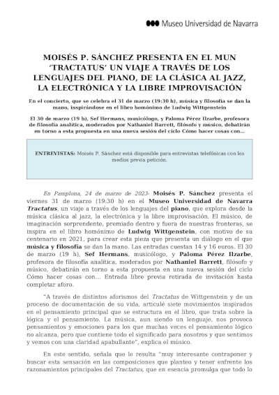 Moisés P. Sánchez presenta en el MUN «Tractatus», un viaje a trevés de los lenguajes del piano