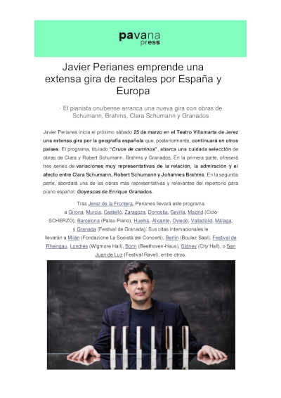 Javier Perianes emprende una extensa gira de recitales por España y Europa