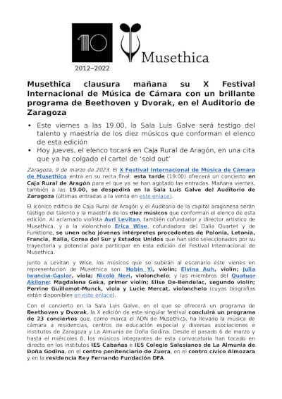 Musethica clausura su X Festival Internacional de Música de Cámara con brillante programa de Beethoven y Dvorak