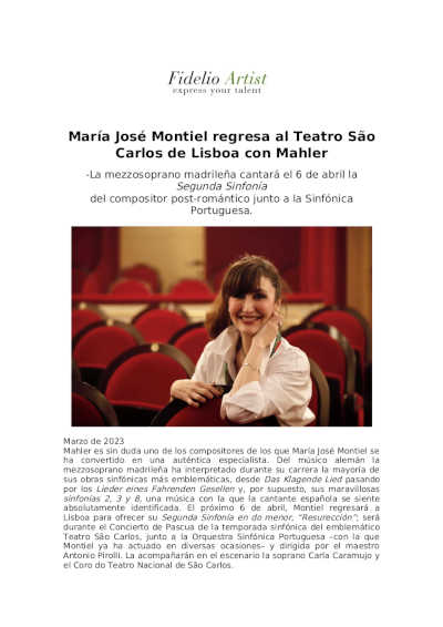 María José Montiel regresa al Teatro São Carlos de Lisboa con Mahler