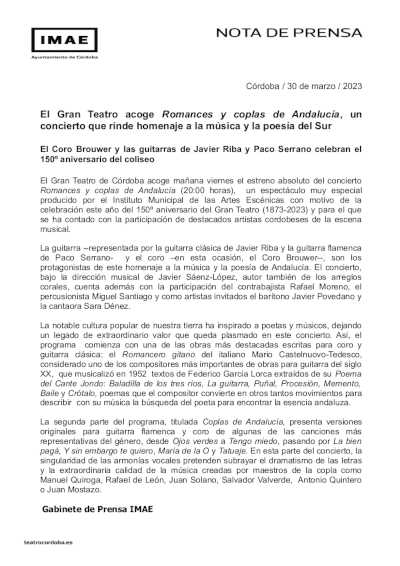 El Gran Teatro acoge Romances y coplas de Andalucía, un concierto que rinde homenaje a la música y la poesía del Sur