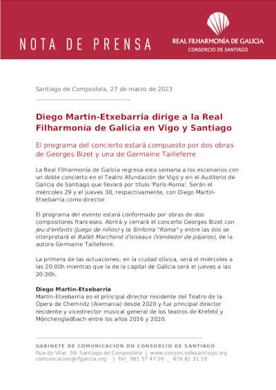 Diego Martin-Etxebarria dirige a la Real Filharmonía de Galicia en Vigo y Santiago