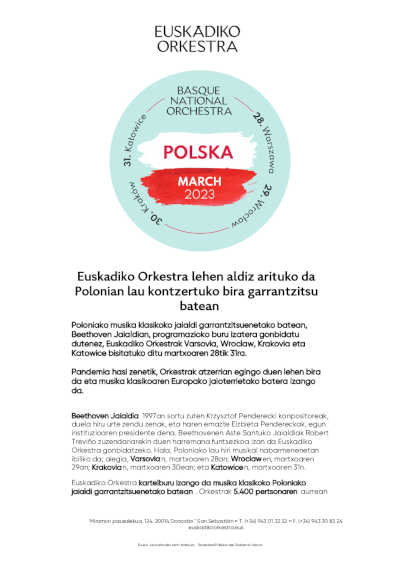 Euskadiko Orkestra se estrena en Polonia con una importante gira de cuatro conciertos