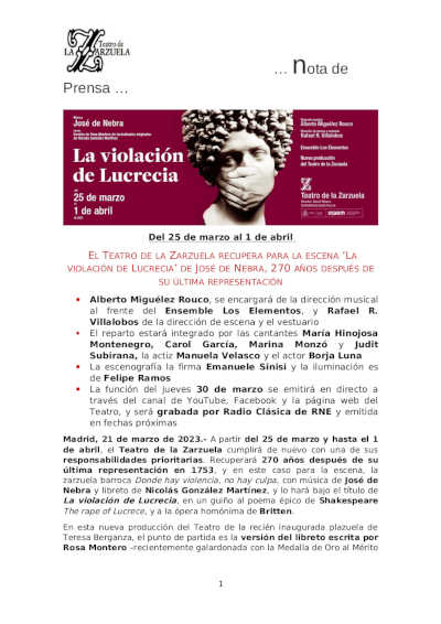 El Teatro de la Zarzuela recupera para la escena «La violación de Lucrecia» de José de Nebra