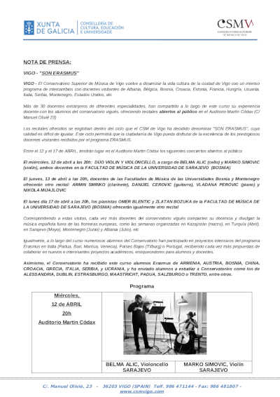 VIII Festival Nas Ondas 2023 «Son ERASMUS» en el Conservatorio Superior de Música de Vigo