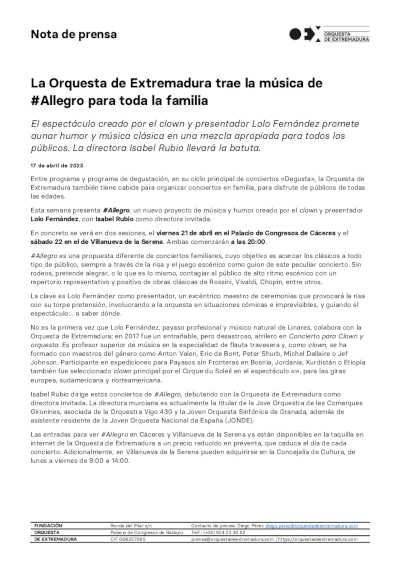 La Orquesta de Extremadura trae la música de #Allegro para toda la familia