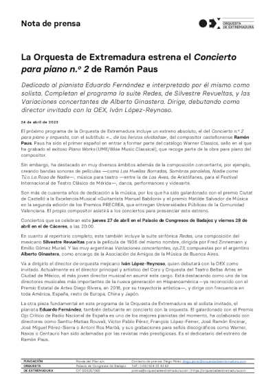 La Orquesta de Extremadura estrena el Concierto para piano n.º 2 de Ramón Paus La Orquesta de Extremadura estrena el Concierto para piano n.º 2 de Ramón Paus