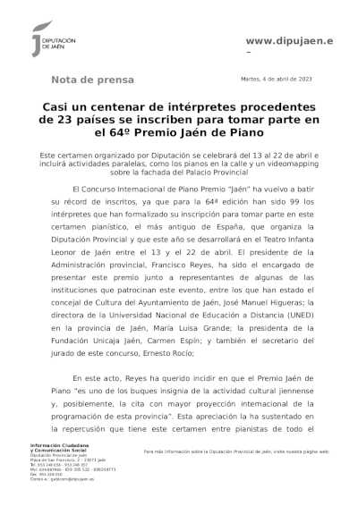 Casi un centenar de intérpretes procedentes de 23 países se inscriben para tomar parte en el 64º Premio Jaén de Piano