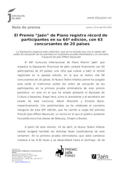 El Premio “Jaén” de Piano registra récord de participantes en su 64ª edición, con 63 concursantes de 20 países