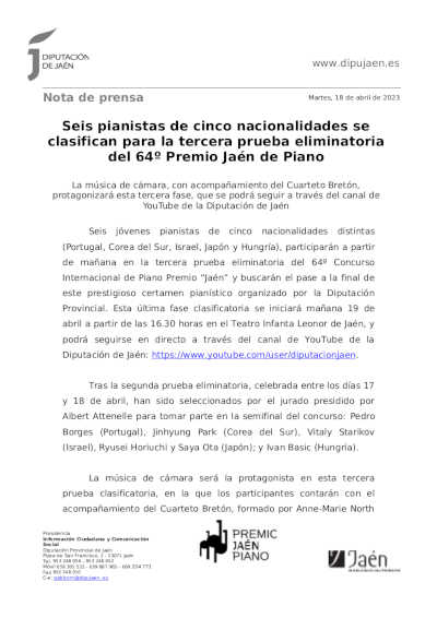 Seis pianistas de cinco nacionalidades se clasifican para la tercera prueba eliminatoria del 64º Premio Jaén de Piano