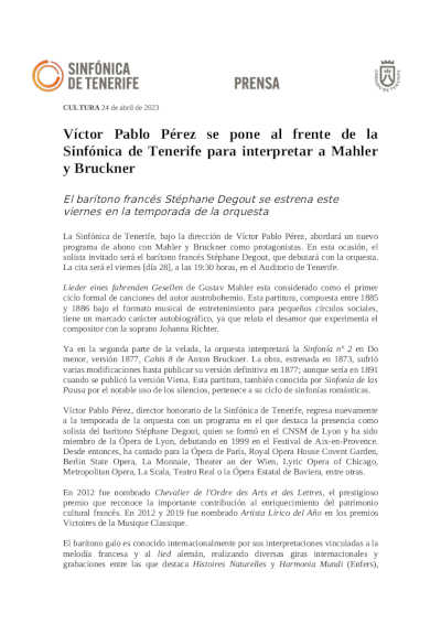 Víctor Pablo Pérez se pone al frente de la Sinfónica de Tenerife para interpretar a Mahler y Bruckner