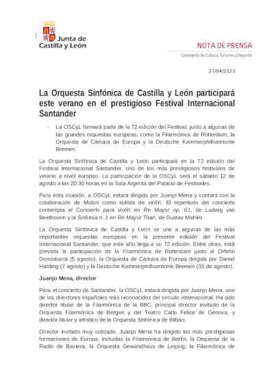 La Orquesta Sinfónica de Castilla y León participará este verano en el prestigioso Festival Internacional Santander