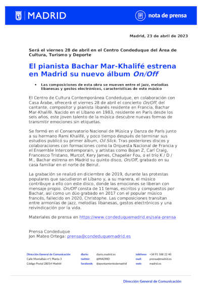 El pianista Bachar Mar-Khalifé estrena en Madrid, en Condeduque, su nuevo álbum On/Off