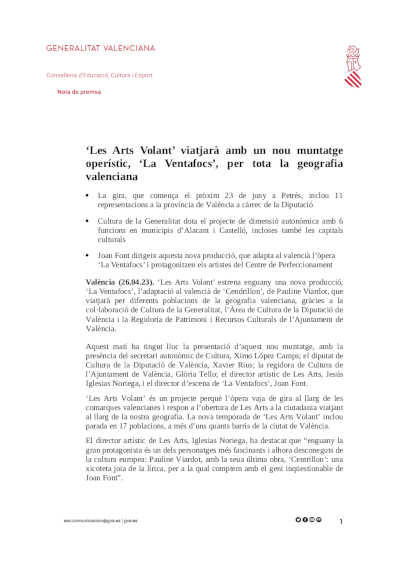 «Les Arts Volant» viajará con un nuevo montaje operístico, «La Ventafocs», por toda la geografía valenciana