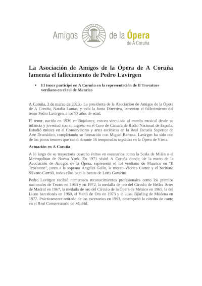 La Asociación de Amigos de la Ópera de A Coruña lamenta el fallecimiento de Pedro Lavirgen La Asociación de Amigos de la Ópera de A Coruña lamenta el fallecimiento de Pedro Lavirgen