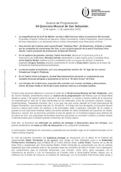 Avance de la programación de la 84º edición de la Quincena Musical de San Sebastián