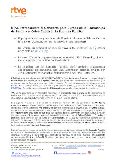 RTVE retransmitirá el Concierto para Europa de la Filarmónica de Berlín y el Orfeó Català en la Sagrada Família