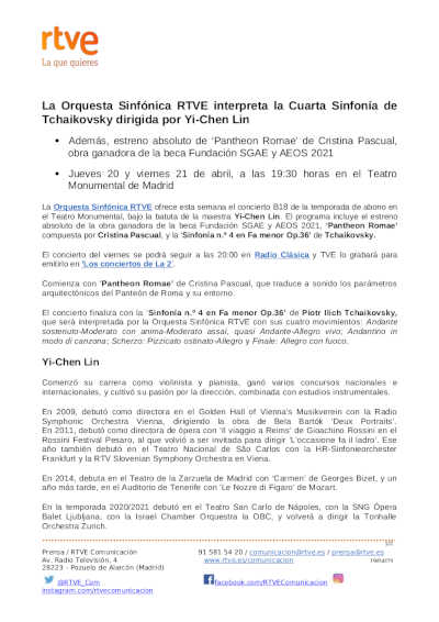 La Orquesta Sinfónica RTVE interpreta la Cuarta Sinfonía de Tchaikovsky dirigida por Yi-Chen Lin