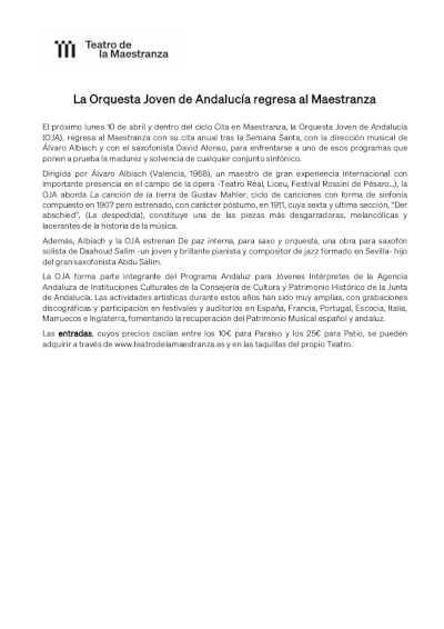 La Orquesta Joven de Andalucía regresa al Teatro de la Maestranza de Sevilla