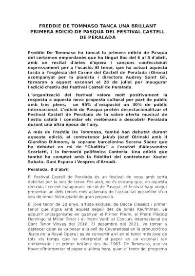 Freddie de Tommaso cierra una brillante edición de Pascua del Festival Castell de Peralada