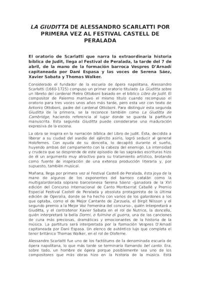 La Giuditta de Alessandro Scarlatti por primera vez al Festival Castell de Peralada