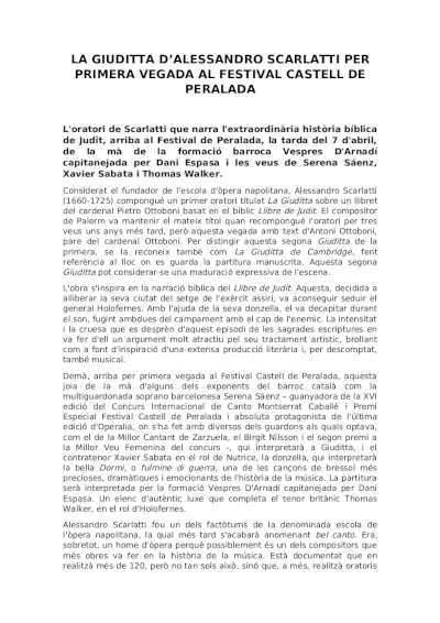 La Giuditta de Alessandro Scarlatti por primera vez al Festival Castell de Peralada
