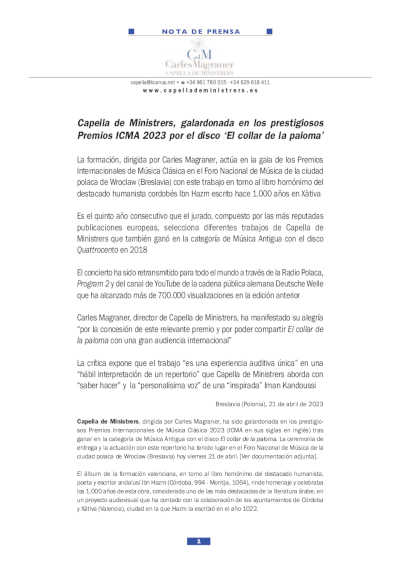 Capella de Ministrers, galardonada en los prestigiosos Premios ICMA 2023 por el disco ‘El collar de la paloma’
