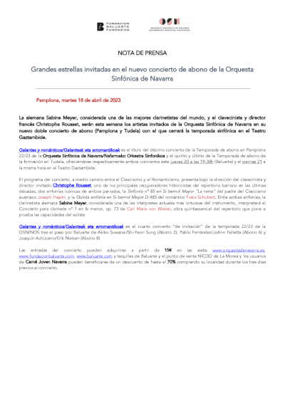 Grandes estrellas invitadas en el nuevo concierto de abono de la Orquesta Sinfónica de Navarra