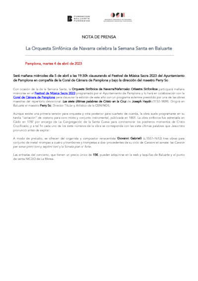 La Orquesta Sinfónica de Navarra celebra la Semana Santa en Baluarte La Orquesta Sinfónica de Navarra celebra la Semana Santa en Baluarte