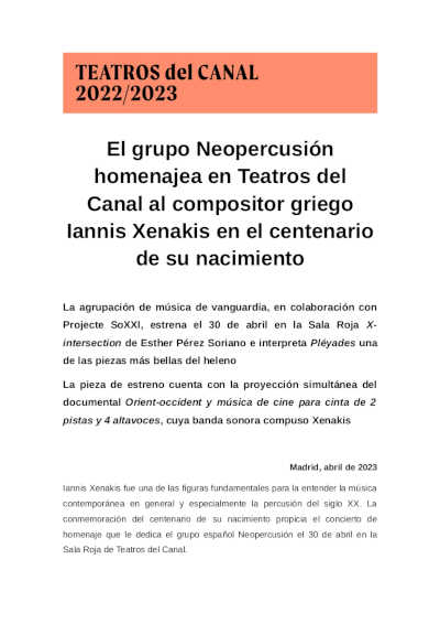 El grupo Neopercusión homenajea al compositor griego Iannis Xenakis en el centenario de su nacimiento El grupo Neopercusión homenajea al compositor griego Iannis Xenakis en el centenario de su nacimiento