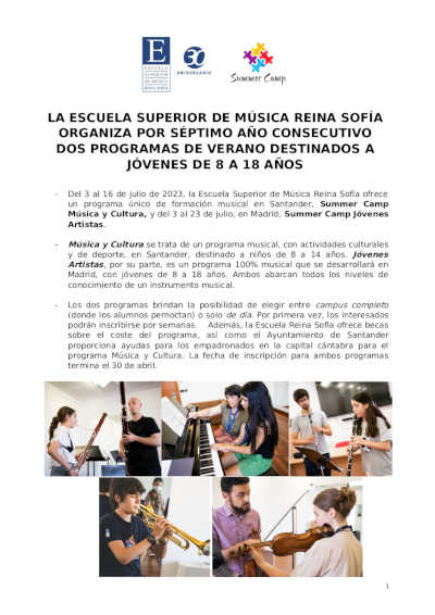La Escuela Superior de Música Reina Sofía organiza dos probramas de verano para jóvenes de 8 a 18 años La Escuela Superior de Música Reina Sofía organiza dos probramas de verano para jóvenes de 8 a 18 años