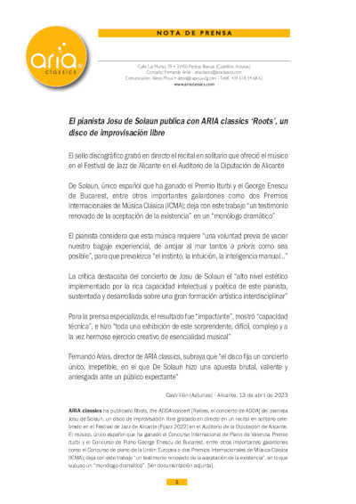 El pianista Josu de Solaun publica con ARIA classics «Roots», un disco de improvisación libre