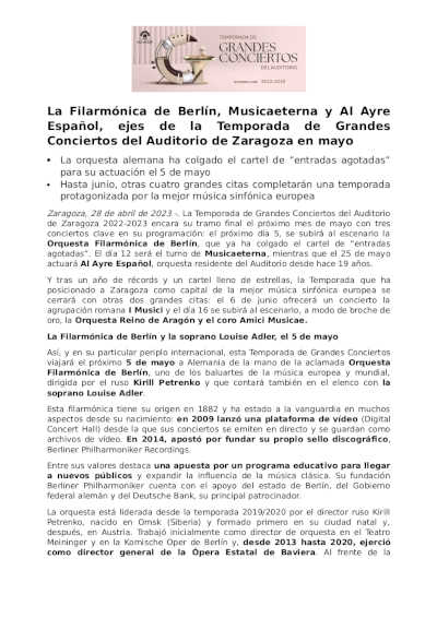 La Filarmónica de Berlín, Musicaeterna y Al Ayre Español, en la Temporada de Grandes Conciertos del Auditorio de Zaragoza