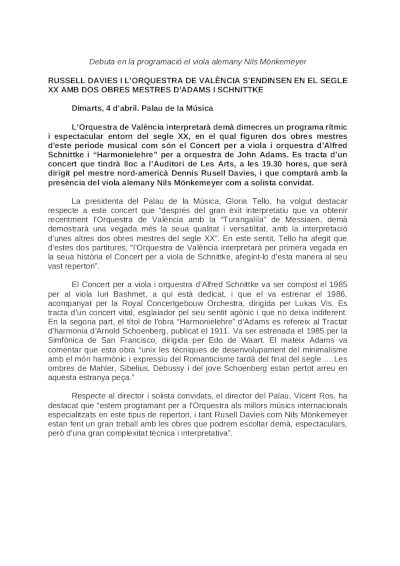 Russell Davies y la Orquesta de València se andentran en el siglo XX con obras maestras de Adams y Schnittke Russell Davies y la Orquesta de València se andentran en el siglo XX con obras maestras de Adams y Schnittke