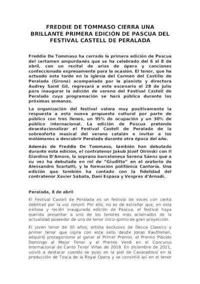 Freddie de Tommaso cierra una brillante edición de Pascua del Festival Castell de Peralada